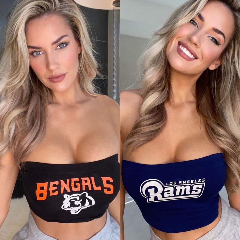 Paige Spiranac braless boobs showing nice cleavage with her big tits on dis...