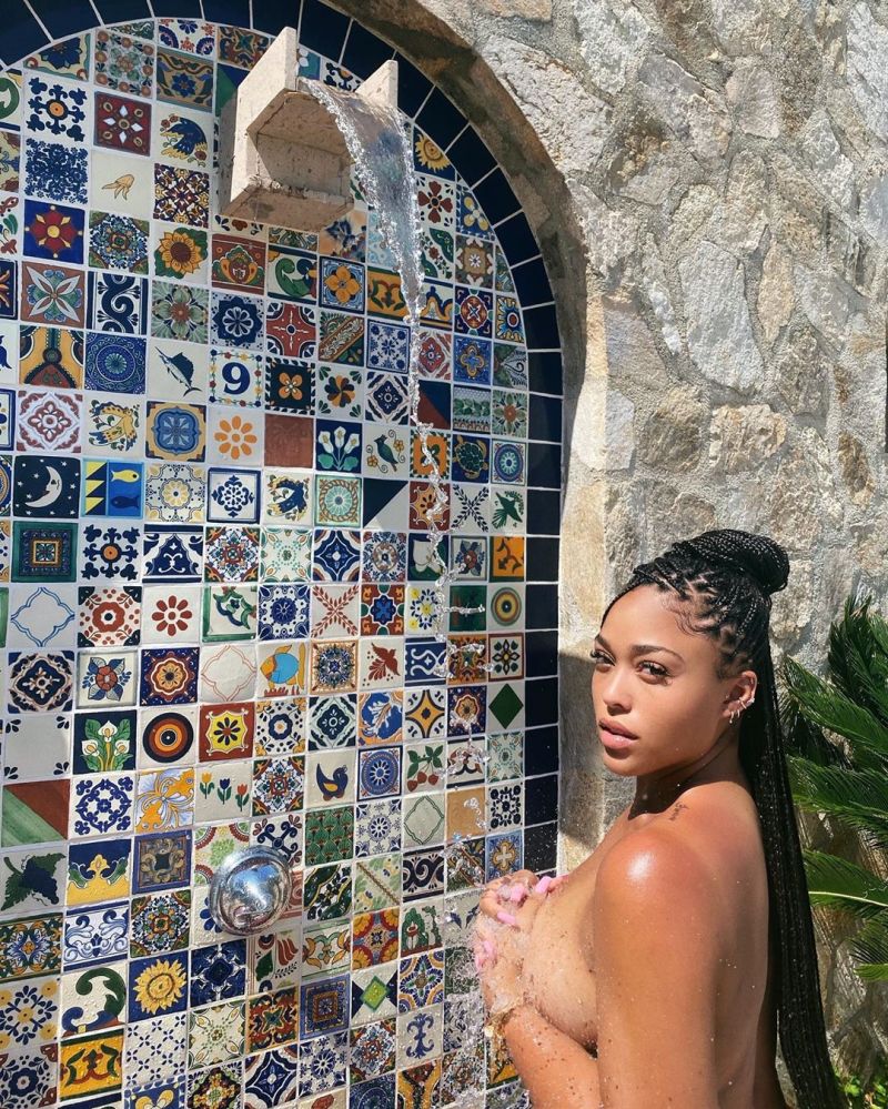 Jordyn Woods nude boobs new photos taking a naked outdoor shower holding he...